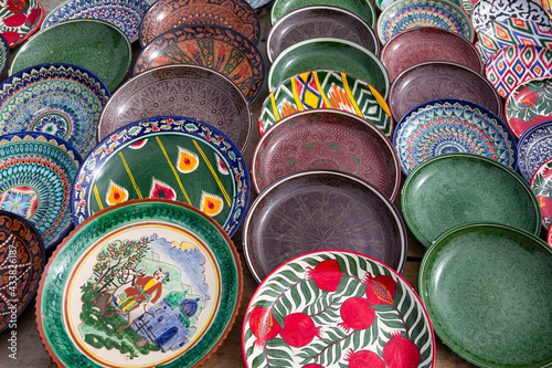 Ornamental national ceramics plates in Uzbekistan. 