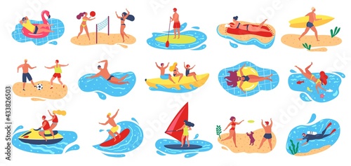 Beach activities. Active man and woman surfing, windsurfing, swimming, scuba diving. Summer vacation outdoor water sport activity vector set. Characters playing volleyball, football, sunbathing