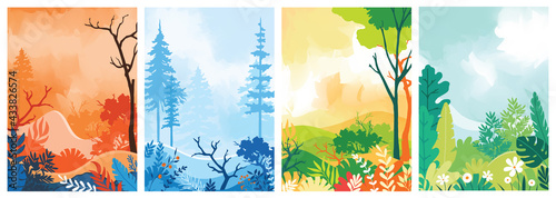 Collection of nature background designs. illustration design templates in simple modern style with copy space for text, flowers and leaves - wedding invitation backgrounds and frames.