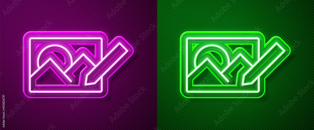 Glowing neon line Photo retouching icon isolated on purple and green background. Photographer, photography, retouch icon. Vector