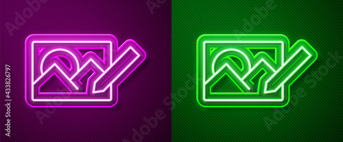Glowing neon line Photo retouching icon isolated on purple and green background. Photographer, photography, retouch icon. Vector