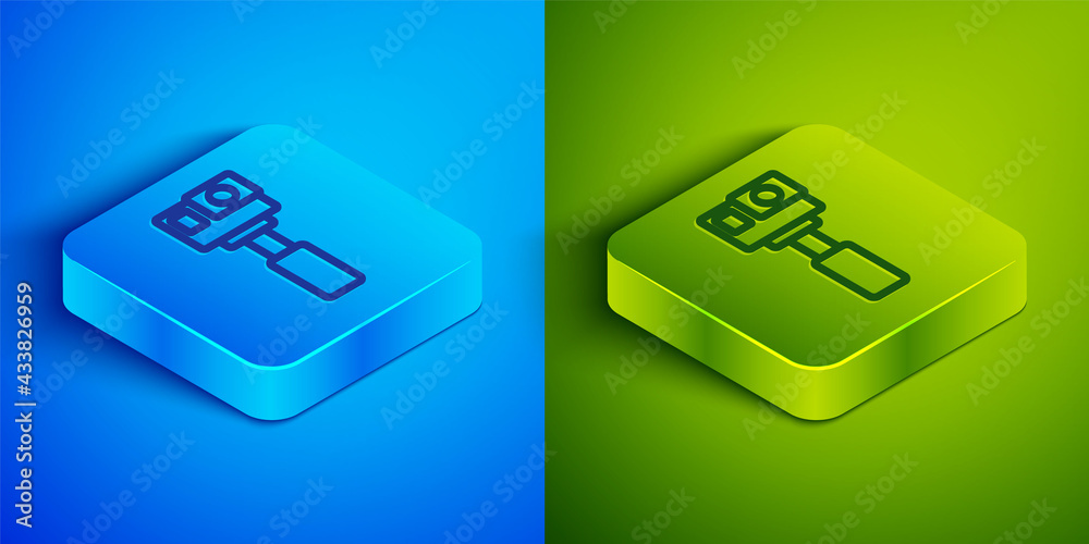 Isometric line Action extreme camera icon isolated on blue and green background. Video camera equipment for filming extreme sports. Square button. Vector Isometric line Action extreme camera icon isolated on blue and green background. Video camera equipment for filming extreme sports. Square button. Vector