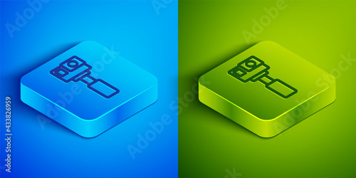 Isometric line Action extreme camera icon isolated on blue and green background. Video camera equipment for filming extreme sports. Square button. Vector