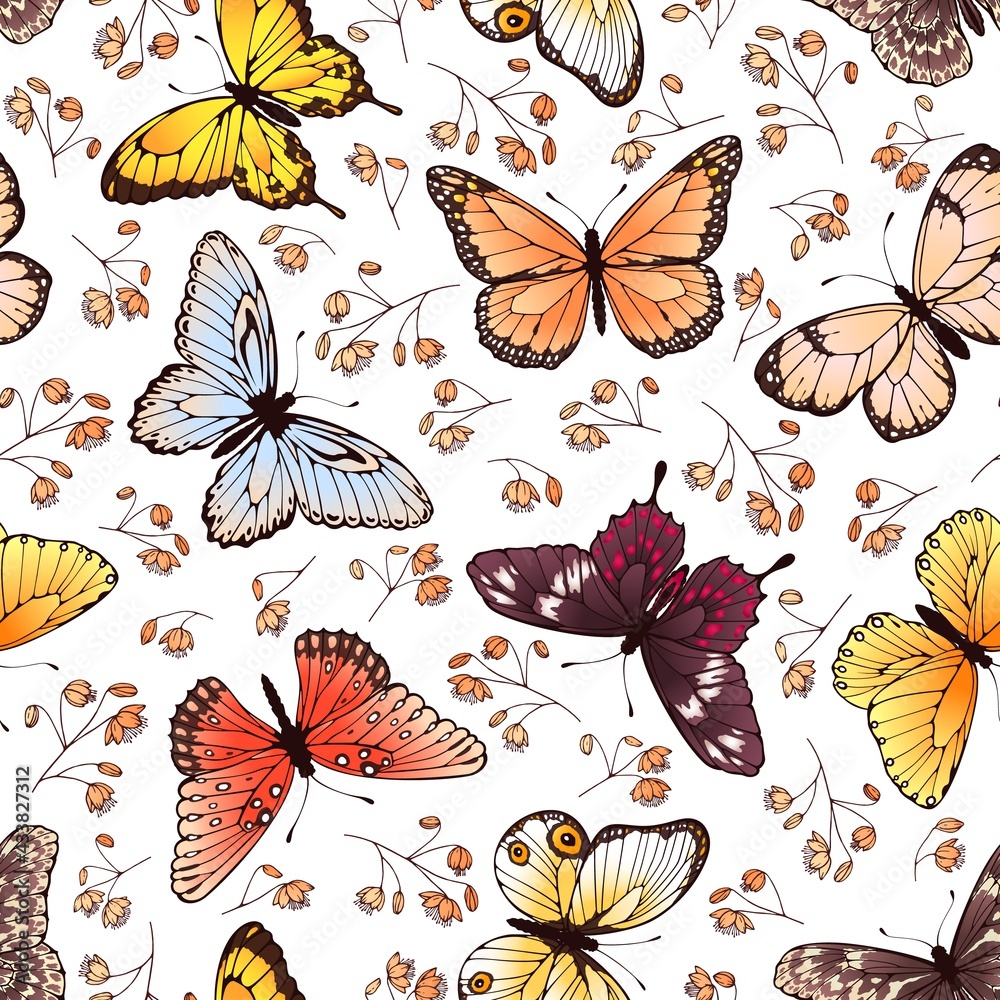 Butterfly seamless pattern. Butterflies and flowers, adorable spring or summer fabric, wallpaper graphic vector repeating texture. Flying beautiful colorful insects and plants design