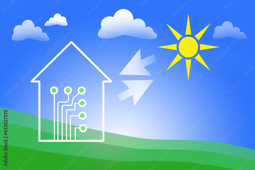 Illustration with house receiving electricity from sun. House with good energy efficiency. Supplying house with electricity from sunlight. Silhouette of home on blue background and green lawn.