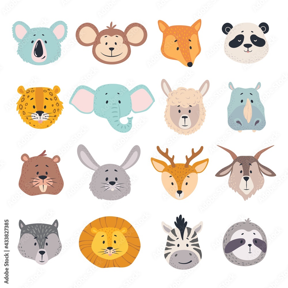 Animal heads. Cartoon faces of koala, monkey and fox, zebra. Cute panda, deer and lion, deer and rabbit, jaguar vector zoo avatars. Childish lovely safari and forest characters set Animal heads. Cartoon faces of koala, monkey and fox, zebra. Cute panda, deer and lion, deer and rabbit, jaguar vector zoo avatars. Childish lovely safari and forest characters set