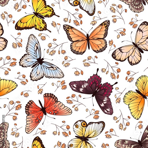 Butterfly seamless pattern. Butterflies and flowers  adorable spring or summer fabric  wallpaper graphic vector repeating texture. Flying beautiful colorful insects and plants design