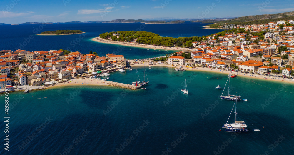 Fototapeta premium Primosten old town panorama. Aerial drone shoot in september 2020