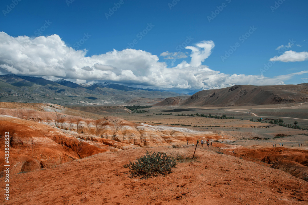 Mars on Altai, colorful deserted mountain landscape with eroded clay land of brown, red, yellow and green colors. Chagan-Uzun, Altai Republic, Russia