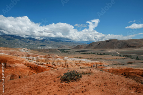 Mars on Altai, colorful deserted mountain landscape with eroded clay land of brown, red, yellow and green colors. Chagan-Uzun, Altai Republic, Russia