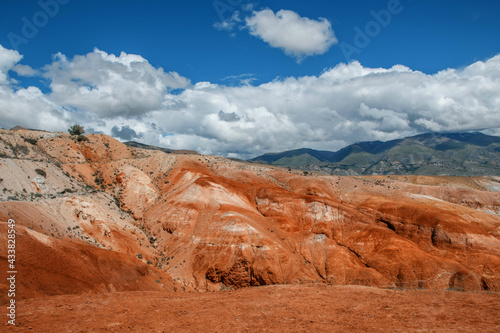 Red mountains in Kyzyl-Chin valley, also called as Mars valley. Altai, Siberia, Russia