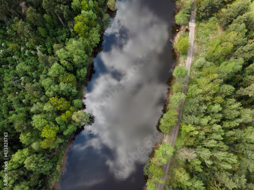 View of the river in the forest from above. Beautiful panoramic view of the wildlife. Shooting from a drone. Wallpaper, screen saver, cover.