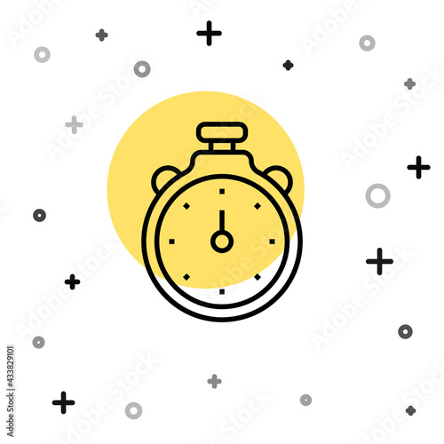 Black line Stopwatch icon isolated on white background. Time timer sign. Chronometer sign. Random dynamic shapes. Vector