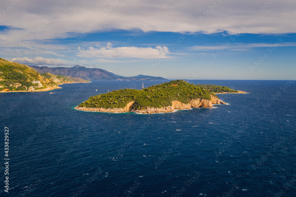Lokrum island, Croatia. Aerial drone shot, september 2020