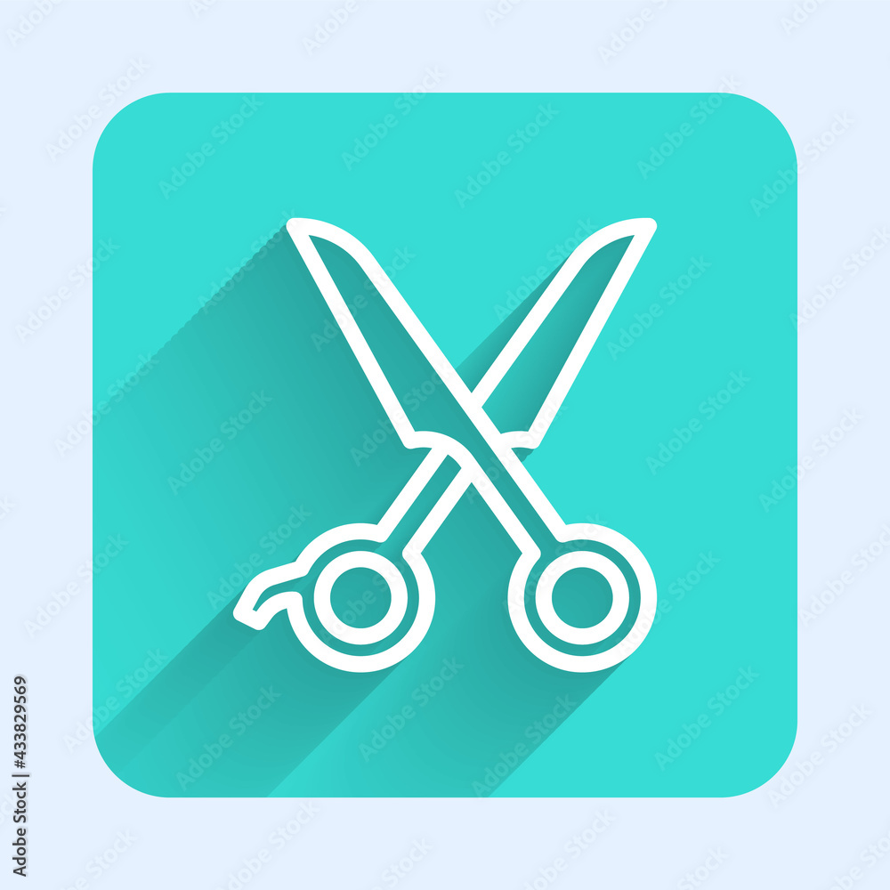 White line Scissors hairdresser icon isolated with long shadow. Hairdresser, fashion salon and barber sign. Barbershop symbol. Green square button. Vector