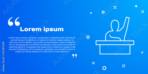 White line Active male kid raising hand answering to teacher question icon isolated on blue background. An elementary student raises his hand. Vector