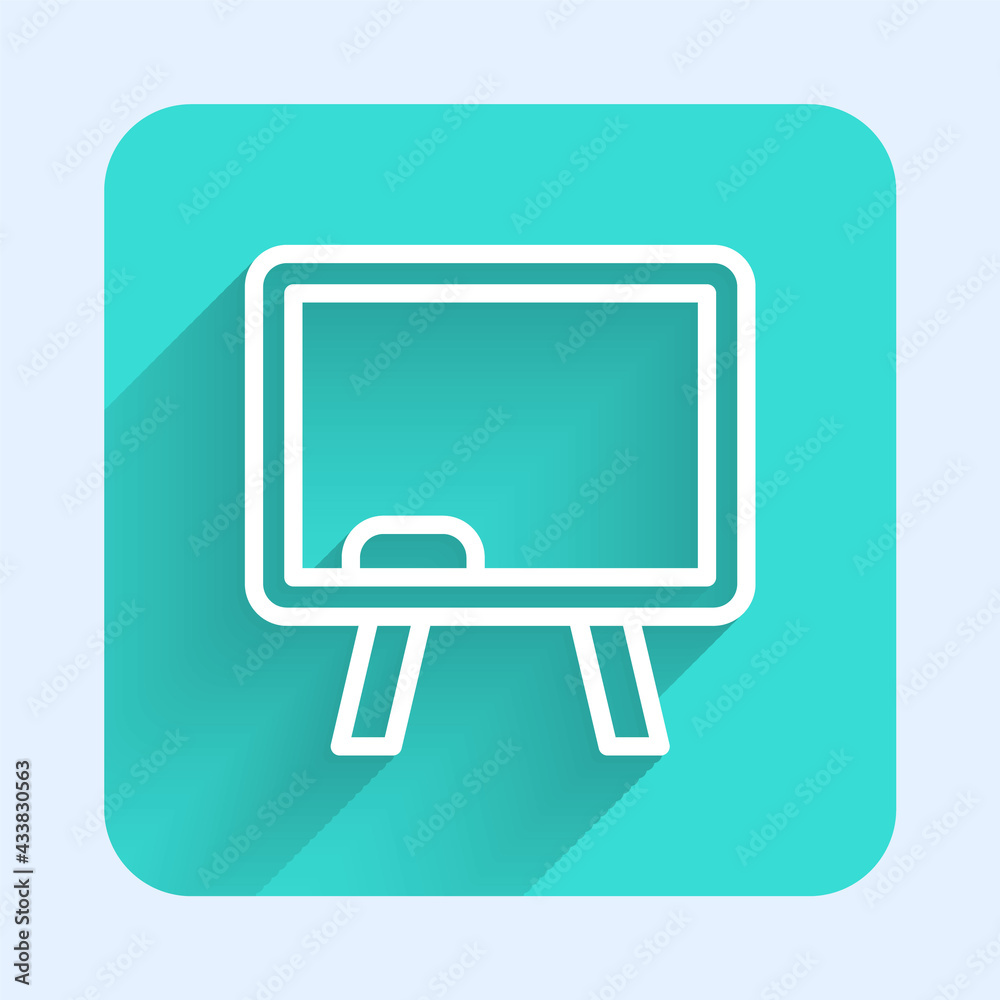 White line Chalkboard icon isolated with long shadow. School Blackboard sign. Green square button. Vector White line Chalkboard icon isolated with long shadow. School Blackboard sign. Green square button. Vector