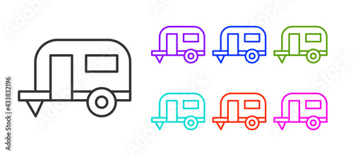 Black line Rv Camping trailer icon isolated on white background. Travel mobile home, caravan, home camper for travel. Set icons colorful. Vector