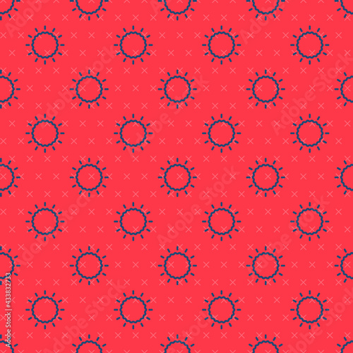 Blue line Sun icon isolated seamless pattern on red background. Vector