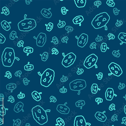 Green line Pumpkin icon isolated seamless pattern on blue background. Happy Halloween party. Vector