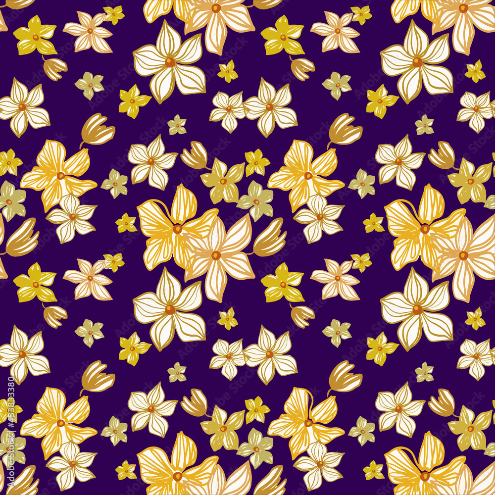 Seamless repeat pattern with yellow flowers on purple background. Hand drawn fabric, gift wrap, wall art design