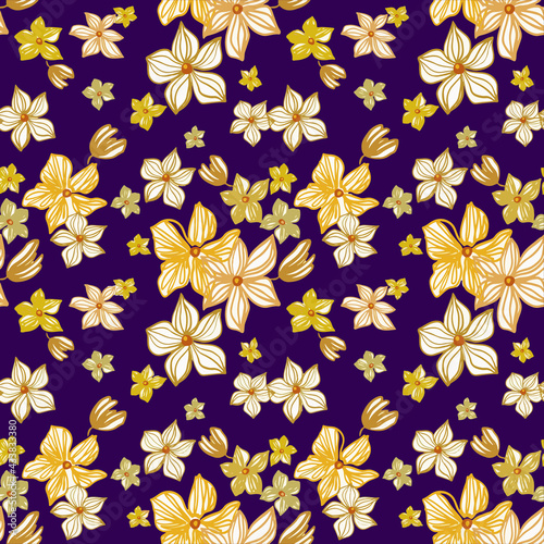 Seamless repeat pattern with yellow flowers on purple background. Hand drawn fabric  gift wrap  wall art design