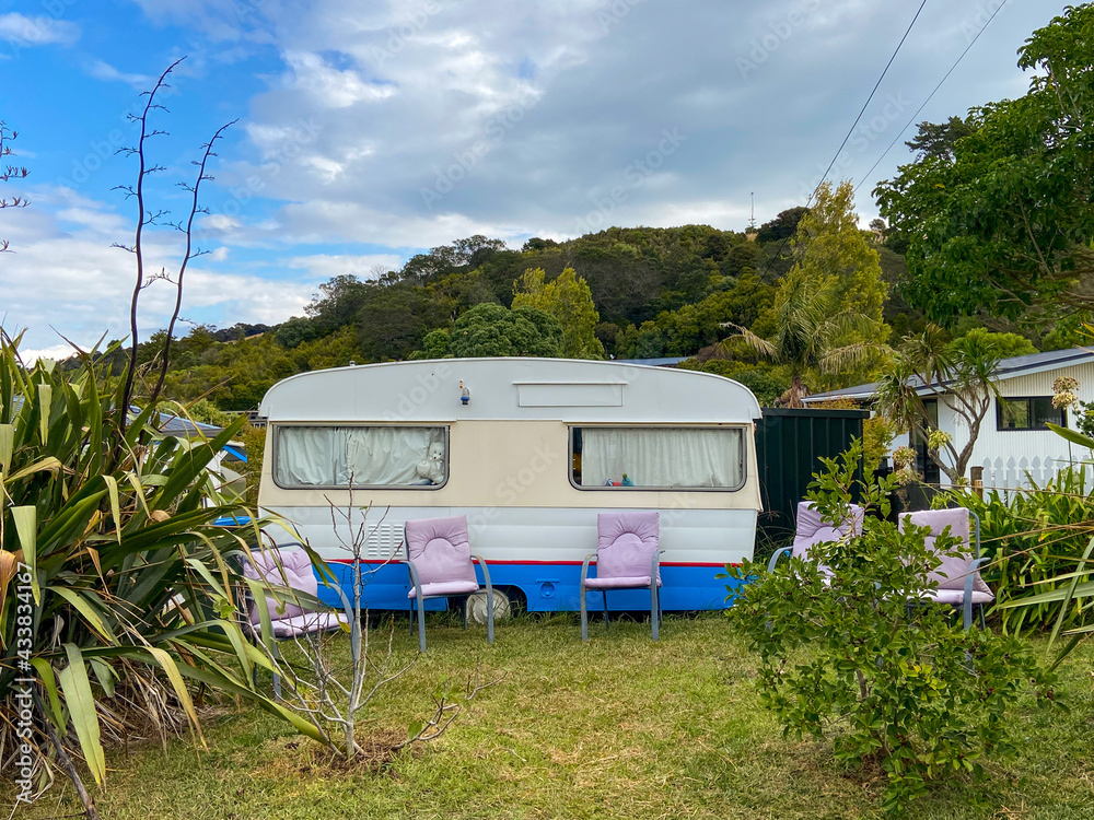 Camper and chairs, Waiheke Island, Auckland, New Zealand