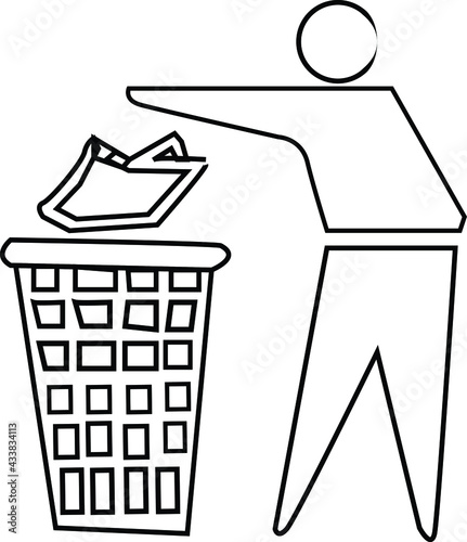 Do not litter sign. Silhouette of a man, throwing garbage in a bin, isolated on white background. Icon vector
