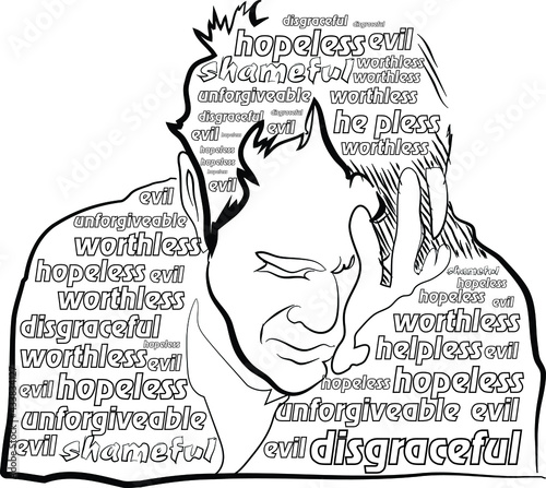 man in depression, stressed person, a man with a lot of troubles,  in  doodle style line art illustration 