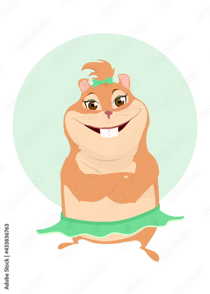 Fototapeta premium Hamster with huge smile, cute and funny girl. Cool mascot, pets smiling. Friendly sweet animal. Look like cheerleader
