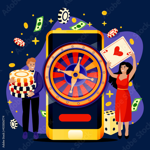 Online casino roulette and gambling games concept. Vector illustration. Man and woman playing casino games app