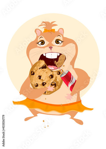 Hamster eats cookies. Cute and funny girl hamster. Glutton rodent, pets eat sweets. Cookies and Coca Cola.