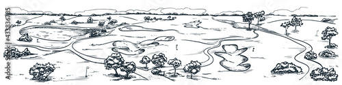 Golf course with water and sand bunkers. Summer landscape vector hand drawn sketch illustration. Golf club background