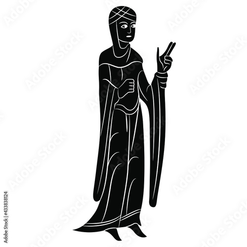Standing medieval woman in long dress. Black and white negative silhouette. Gothic illuminated manuscript style.