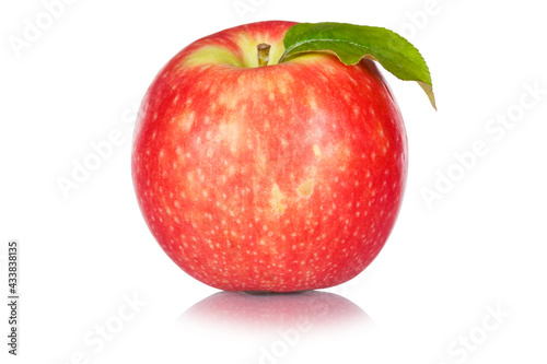 Red apple fruit with leaf isolated on a white background