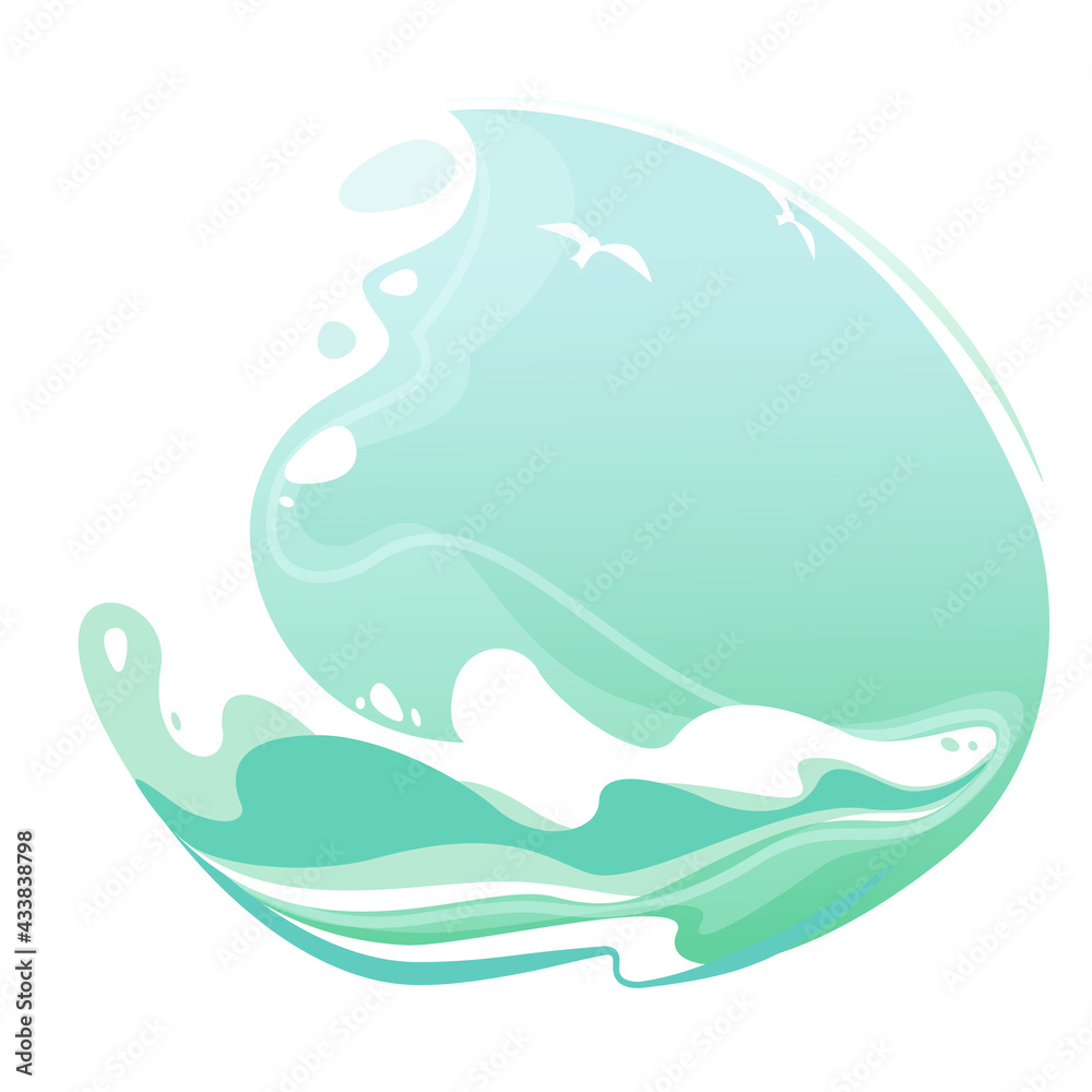 Sea round label with summer ocean wave vector backdrop and empty space. Seascape nature element for decoration. Island surf water poster illustration isolated on white background. Marine scene logo. Sea round label with summer ocean wave vector backdrop and empty space. Seascape nature element for decoration. Island surf water poster illustration isolated on white background. Marine scene logo.