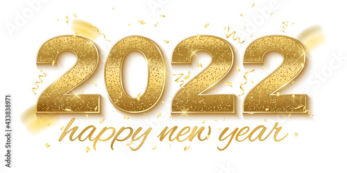 Happy new year 2022. Golden glittering numbers with serpentine and confetti decorations isolated on white background. Festive template. Gift card design for the holiday.