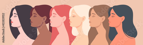 Women of different nationalities and cultures. Female friendship. Gender equality concept.