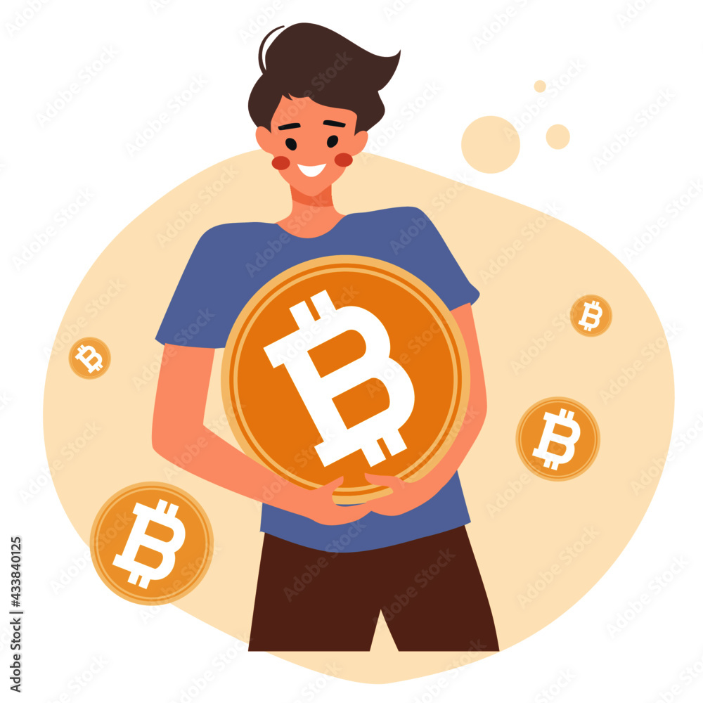 Character man happy with golden bitcoin cryptocurrency, cute, cartoon, flat, vector, illustration, Character man happy with golden bitcoin cryptocurrency, cute, cartoon, flat, vector, illustration,