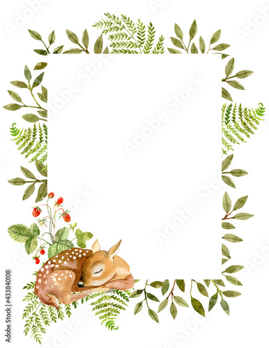 floral frame with cute deer for cards, posters. Letter format