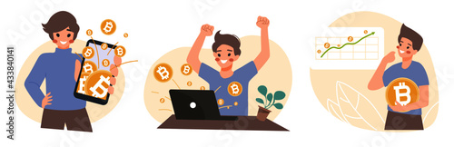Illustration set of happy character man invest trading with golden bitcoin on laptop and smart phone cryptocurrency, cute, cartoon, flat, vector, 