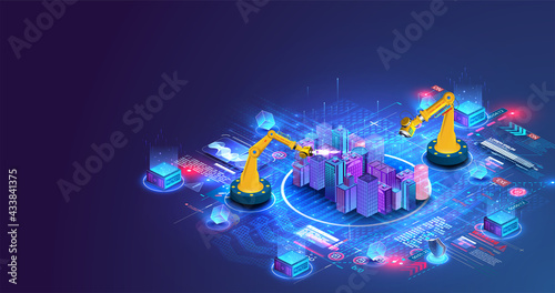 Robot with artificial intelligence create design house or home, architecture building concept. Modern building, smart city. Construction, development, architecture. Smart construction without people.