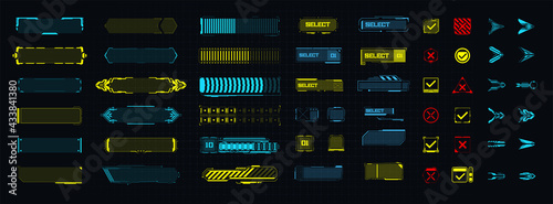 A template of futuristic elements for the game, button, arrow, loading. Modern game design icons.  Digital technology UI/UX Futuristic HUD, FUI, GUI. Screen user interface, control panel for game apps
