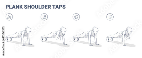 Girl Doing Plank Shoulder Taps Workout Exercise Guide. Woman Doing Shoulder Touches from Plank.