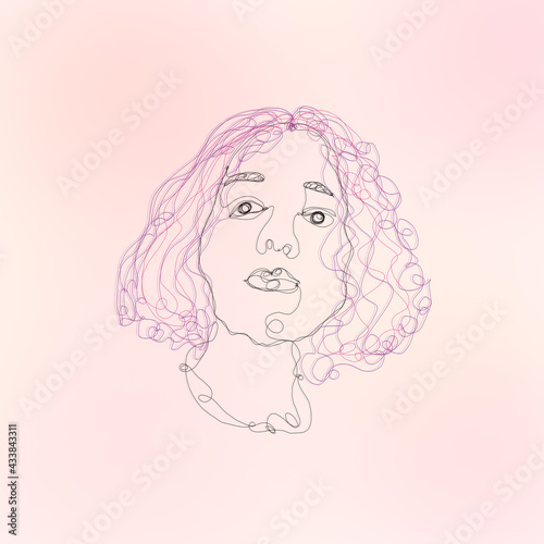 one line illustration of purple hair woman on pastel pink background abstract modern contemporary digital minimalism art