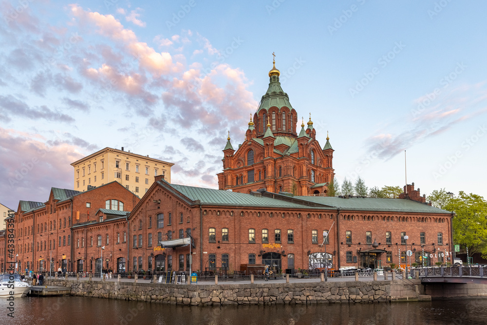 Historical buildings downtown Helsinki during springtime sunset