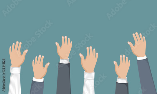 Voting or volunteering concept. People's hands holding vote ballots. Flat vector illustration