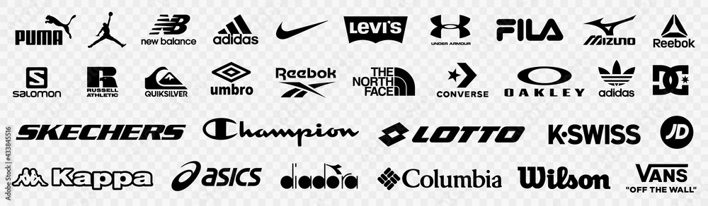 Kiev, Ukraine - May 15, 2021: Set of top popular logos sportswear brands.  Nike, Adidas, Puma, Under Armour, Kappa, Fila, Skechers, Columbia Sportswear,  Reebok, ASICS and many more. Editorial vector Stock Vector