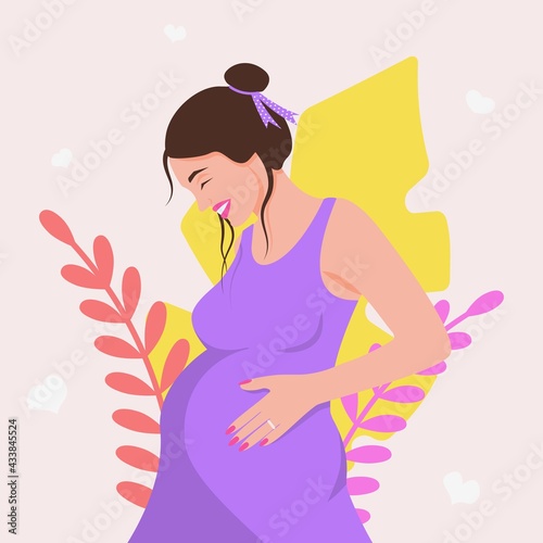 Happy pregnant woman illustration. Beautiful girl in purple dress and stylish hairstyle smiling holds her belly. Loving anticipation of long awaited vector baby.