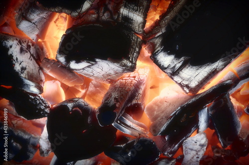Canvas Print Barbecue Crill Pit With Glowing And Flaming Hot Charcoal Briquettes Background, Close-Up